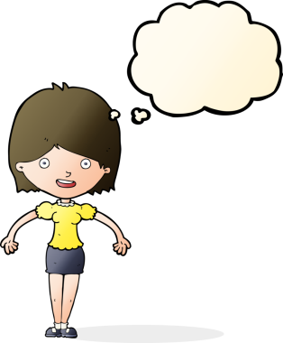 Bir insan tarafından çizilmiş düşünce balonlu mutlu kadın çizgi filmi.