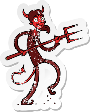 Bir insan tarafından çizilmiş dirgenli bir şeytan çizgi film çıkartması.