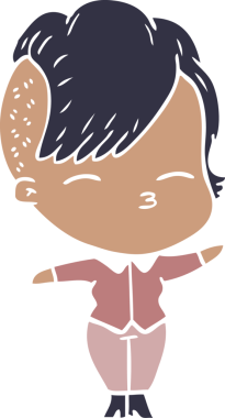 Düz renkli çizgi film çizen kız bir insan tarafından çizilmiş.