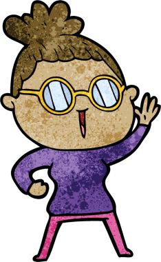 Bir insan tarafından çizilmiş gözlüklü bir karikatür kadın.