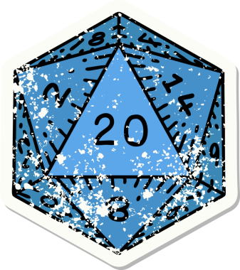 Bir insan tarafından çizilmiş 20 D20 zarının grunge sticker 'ı.