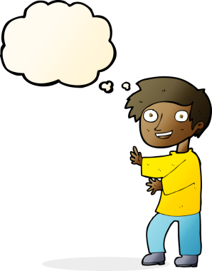 Bir insan tarafından çizilmiş düşünce baloncuğu olan heyecanlı çocuk.