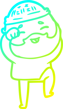 Bir insan tarafından çizilmiş, mutlu, sakallı, çizgi film karakteri.