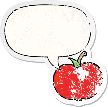 Konuşma baloncuklu çizgi film elması bir insan tarafından çizilmiş sıkıntılı eski bir çıkartma