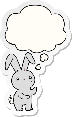 Bir insan tarafından çizilmiş bir çıkartma gibi düşünce balonlu şirin çizgi film tavşanı.