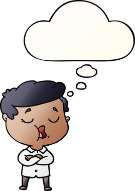 Düşünce baloncuğuyla konuşan çizgi film adamı bir insan tarafından çizilmiş yumuşak bir eğilim tarzıyla.