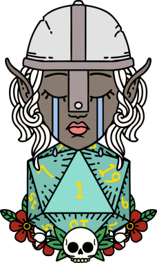 Retro Tattoo Tarzı Üzgün Elf Savaşçısı Karakteri Bir insan tarafından çizilmiş d20 ruloyla