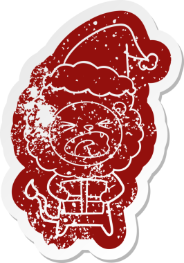 Garip bir karikatür, Noel hediyesi olan bir aslanın insan tarafından çizilmiş Noel Baba şapkasıyla kederli çıkartması.