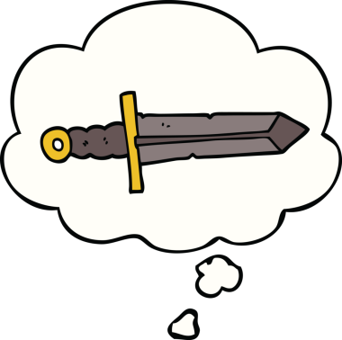 Bir insan tarafından çizilmiş düşünce baloncuklu çizgi film kılıcı.