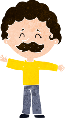 Bir insan tarafından çizilmiş bıyıklı çizgi film çocuğu.