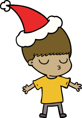 Bir insan tarafından çizilmiş Noel Baba şapkası giyen sakin bir çocuğun el çizimi.