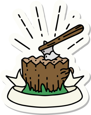 Bir insan tarafından çizilmiş ağaç kütüğündeki dövme stili baltası.