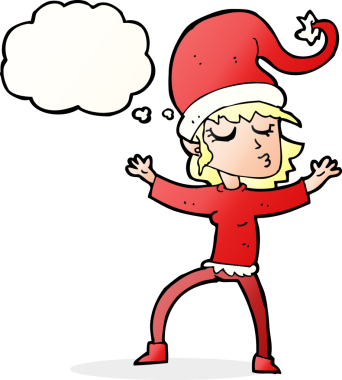 Noel Baba 'nın insan tarafından çizilmiş düşünce balonlu yardımcı karikatürü.