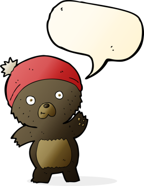 Bir insan tarafından çizilmiş konuşma balonu olan sevimli çizgi film kara ayısı.