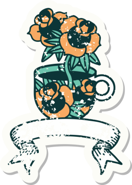 Bir fincan sancağıyla eski bir etiket ve bir insan tarafından çizilmiş çiçekler.