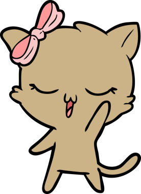 Bir insan tarafından çizilmiş, kafasında yay olan çizgi film kedisi.