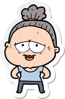 Bir insan tarafından çizilmiş mutlu yaşlı bir kadının çıkartması.