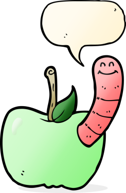 bir insan tarafından çizilmiş konuşma baloncuklu kurtlu çizgi film elması