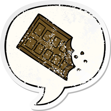 Bir insan tarafından çizilmiş, sıkıntılı, eski bir çıkartma olan, konuşma balonlu çikolata çubuğu.