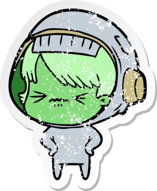 Bir insan tarafından çizilmiş kalçasında elleri olan kızgın bir uzay kızının sıkıntılı çıkartması.