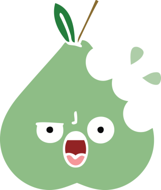 Bir insan tarafından çizilmiş yeşil bir armutun düz renkli retro karikatürü