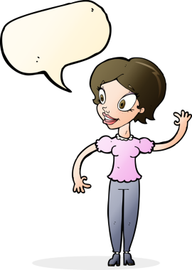 Bir insan tarafından çizilmiş bir konuşma balonuyla el sallayan çizgi film kadını.