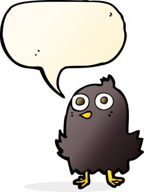 Bir insan tarafından çizilmiş konuşma baloncuklu komik çizgi film kuşu.