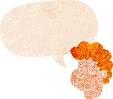 bir insan tarafından çizilmiş, grunge dertli retro tarzı konuşma baloncuğu ile çizgi film erkek yüzü