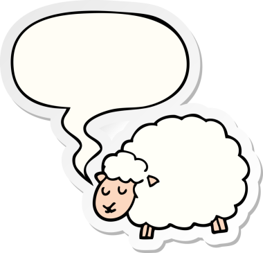 Bir insan tarafından çizilmiş konuşma balonu çıkartmalı çizgi film koyunu.