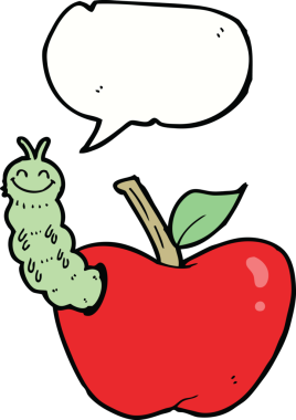 bir insan tarafından çizilmiş konuşma balonlu bir böcek ile çizgi film elması