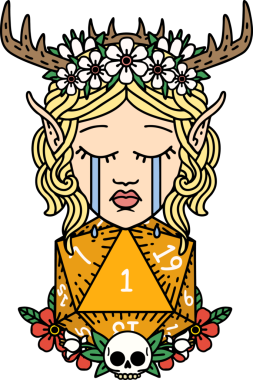 Retro Dövme Tarzı Ağlayan Elf Druid karakteri suratı Bir insan tarafından çizilmiş doğal bir D20 ruloyla