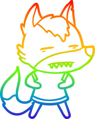 Gökkuşağı gradyan çizgi çizimi bir insan tarafından çizilmiş dişleri gösteren bir kurt çizgi