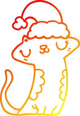 Bir insan tarafından çizilmiş Noel şapkası giyen sevimli bir çizgi film kedisinin sıcak çizgi çizimi.