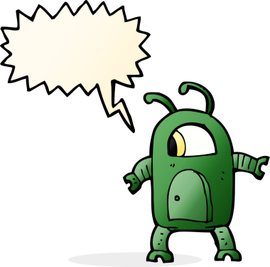 Bir insan tarafından çizilmiş konuşma balonlu uzaylı robot.