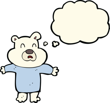 Bir insan tarafından çizilmiş düşünce baloncuklu mutsuz kutup ayısı çizgi filmi.