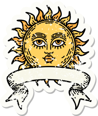 Bir insan tarafından çizilmiş güneşli eski bir etiket.