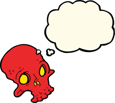 Bir insan tarafından çizilmiş düşünce baloncuklu garip kafatası.