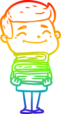 Gökkuşağı gradyan çizimi mutlu bir çizgi film adamı bir insan tarafından çizilmiş kitap yığınıyla