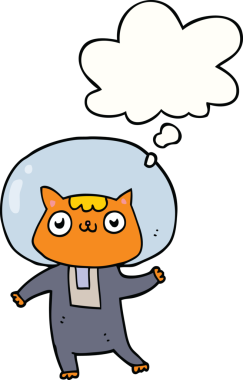 Bir insan tarafından çizilmiş düşünce baloncuklu uzay kedisi.