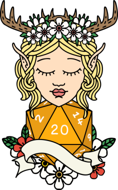 Retro Dövme Tarzı Elf Druid Bir insan tarafından çizilmiş doğal yirmi zar ile