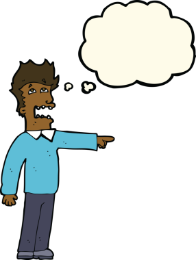 Bir insan tarafından çizilen düşünce baloncuğuyla suçlanan çizgi film adamı.