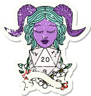 Bir insan tarafından çizilmiş doğal yirmilik zarla süslenmiş grunge çıkartması.