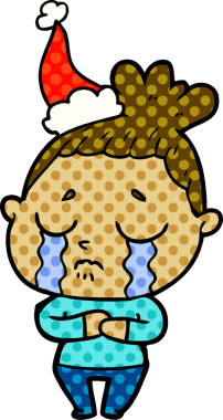 Bir insan tarafından çizilmiş Noel Baba şapkası takan ağlayan bir kadının el çizimi çizgi roman çizimi.