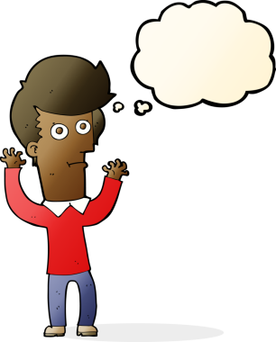 Bir insan tarafından çizilen düşünce baloncuğuyla şok olmuş bir adam.