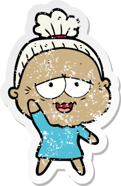 Bir insan tarafından çizilmiş mutlu, yaşlı bir kadının sıkıntılı çıkartması.