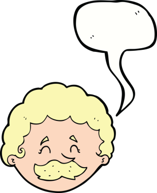 Bir insan tarafından çizilmiş konuşma balonlu bıyıklı bir çizgi film adamı.