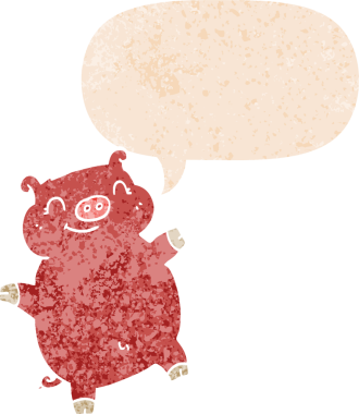 Bir insan tarafından çizilmiş grunge dertli retro tarzı konuşma baloncuklu çizgi film domuzu