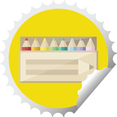 Bir insan tarafından çizilmiş renkli kalem paketi grafik vektör illüstrasyon yuvarlak etiket pulu