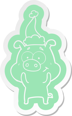 Bir insan tarafından çizilmiş Noel Baba şapkası takan bir domuzun komik çizgi film çıkartması.