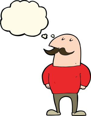 Düşünce baloncuğu çizilmiş bıyıklı kel bir adam.